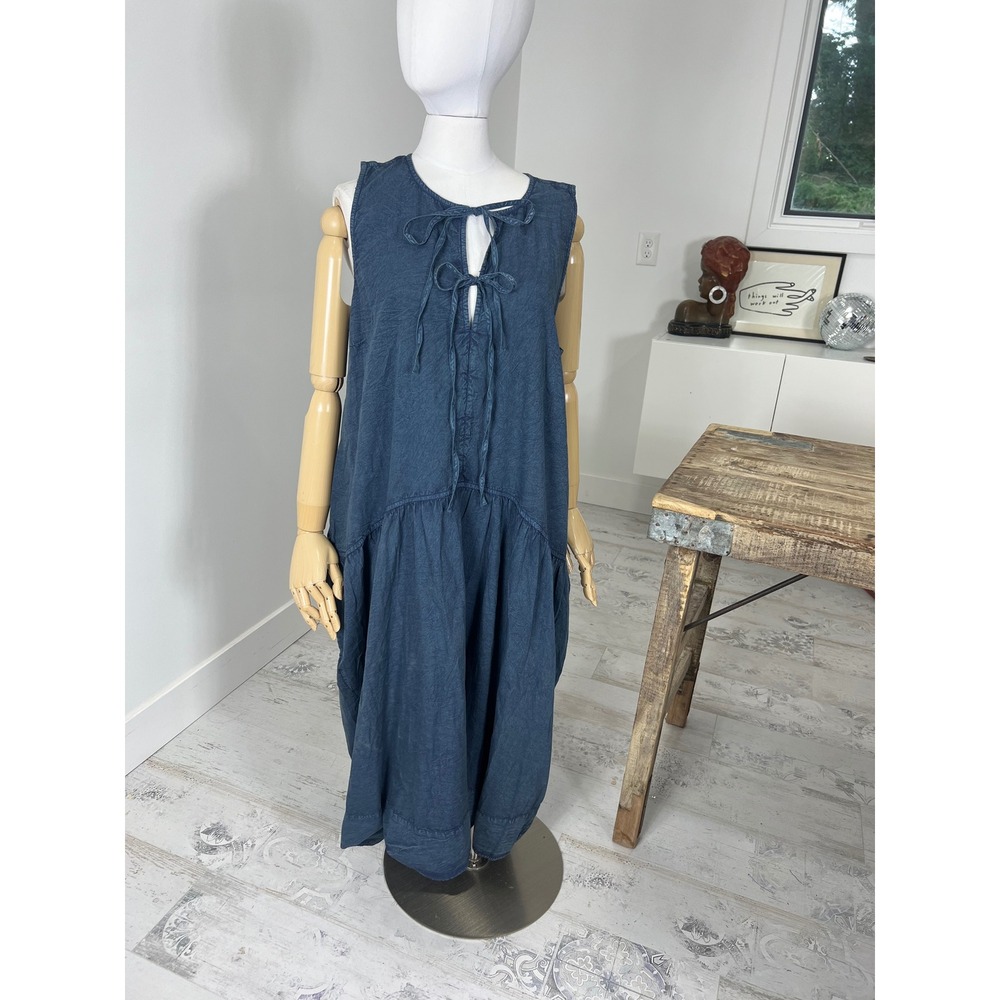 Anthropologie Blue Cotton Tiered Tie Front Sleeveless Midi Dress XL NWT
